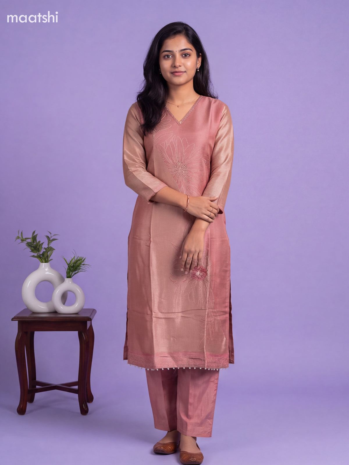 Mauve Pink Tissue Linen Embroidery Work Straight Suit