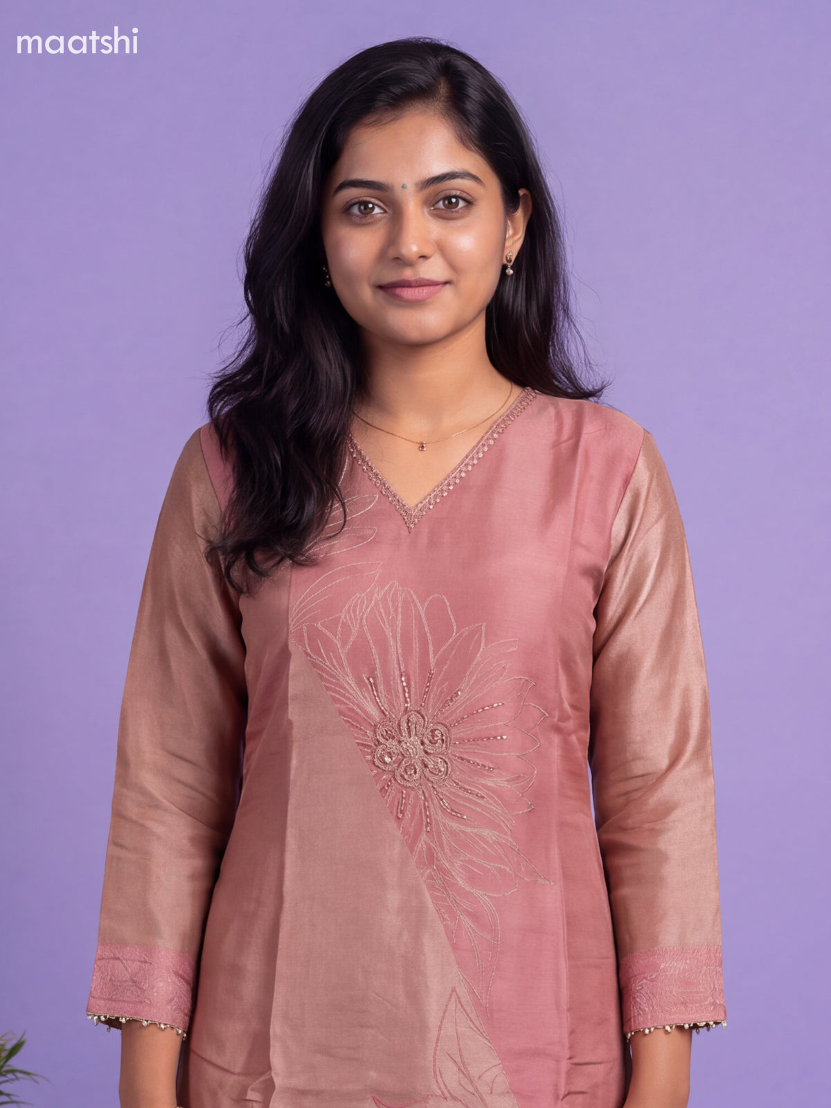 Mauve Pink Tissue Linen Embroidery Work Straight Suit