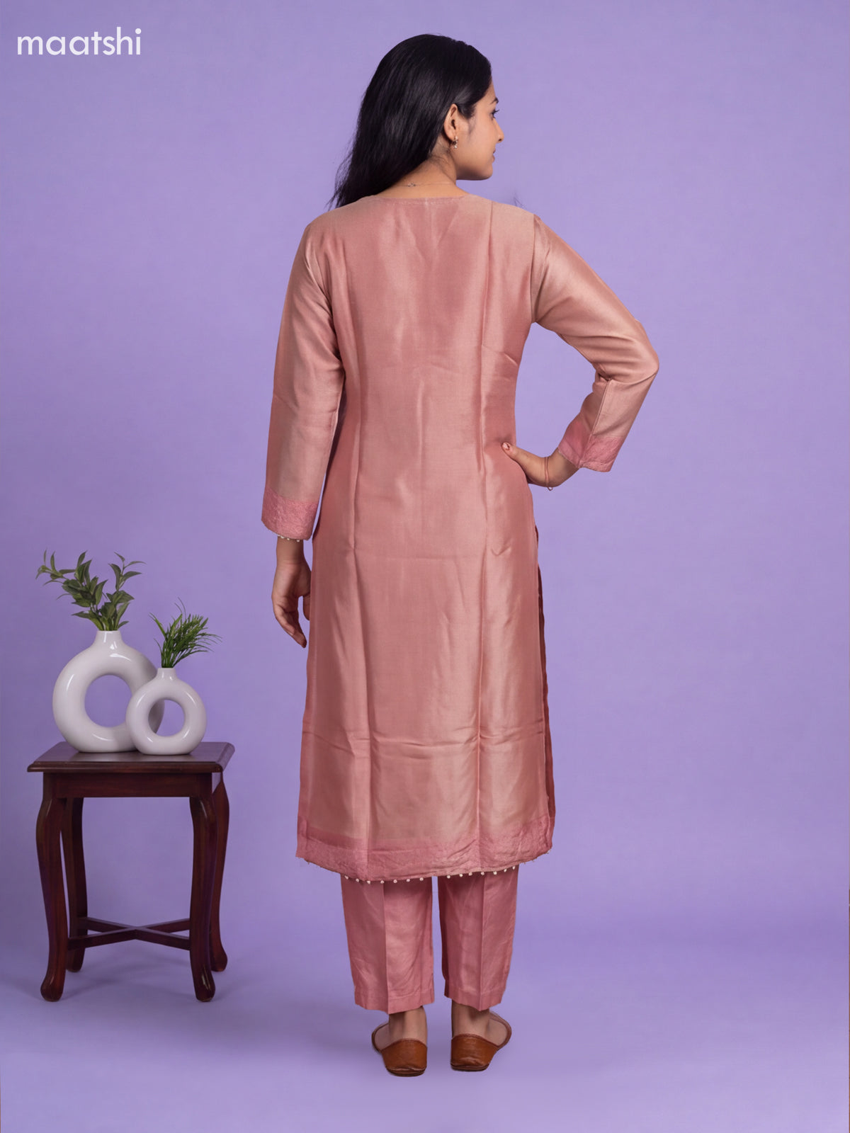 Mauve Pink Tissue Linen Embroidery Work Straight Suit