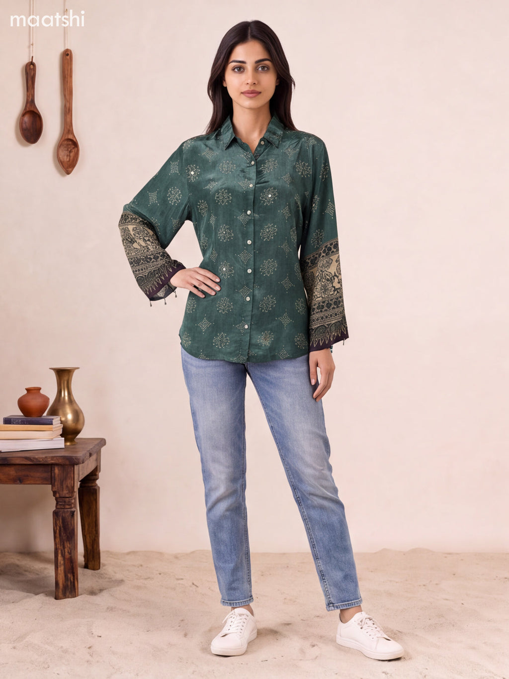 Green and Biege Crepe Silk Ajrakh Printed Womens Shirt