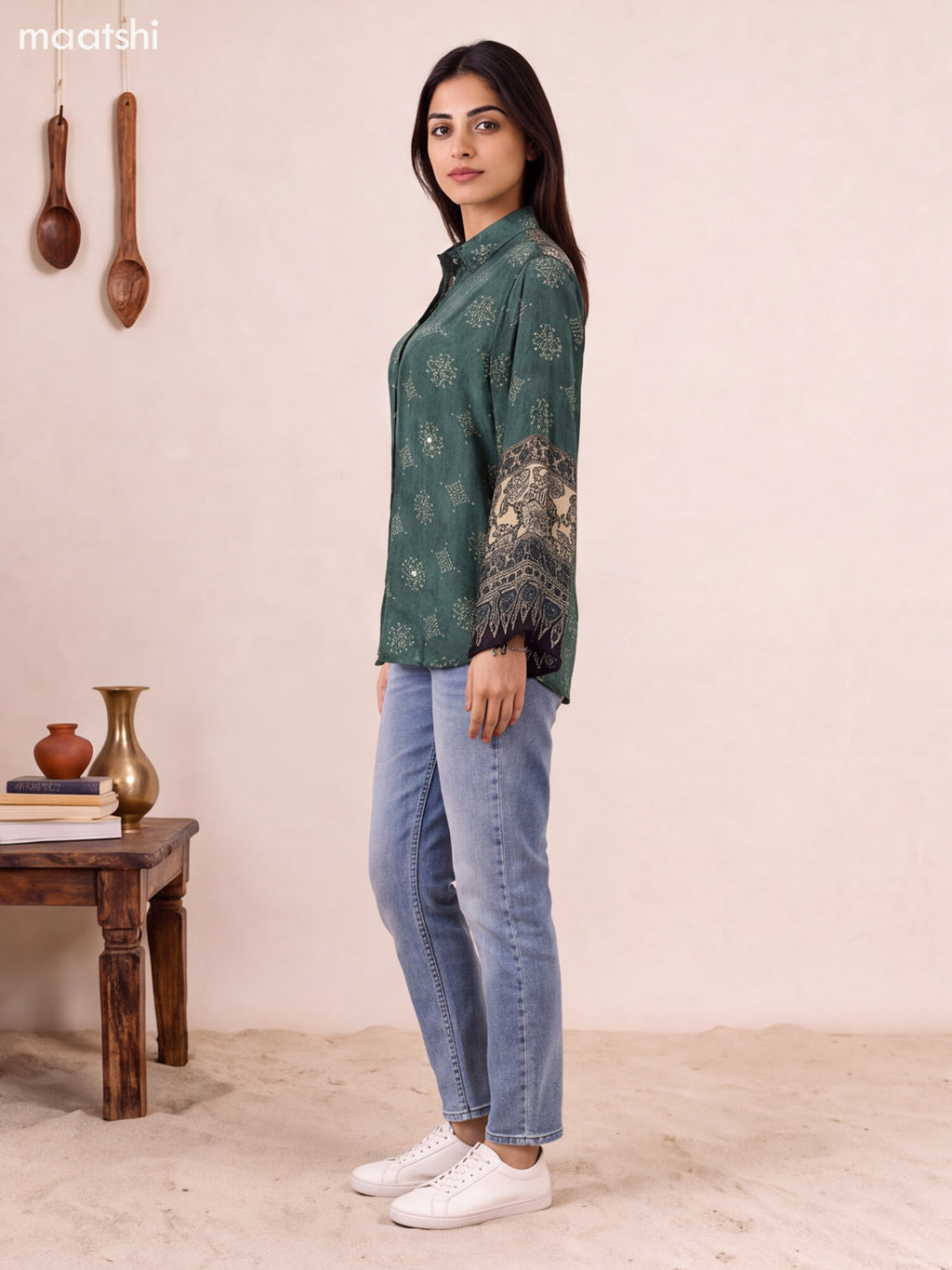 Green and Biege Crepe Silk Ajrakh Printed Womens Shirt