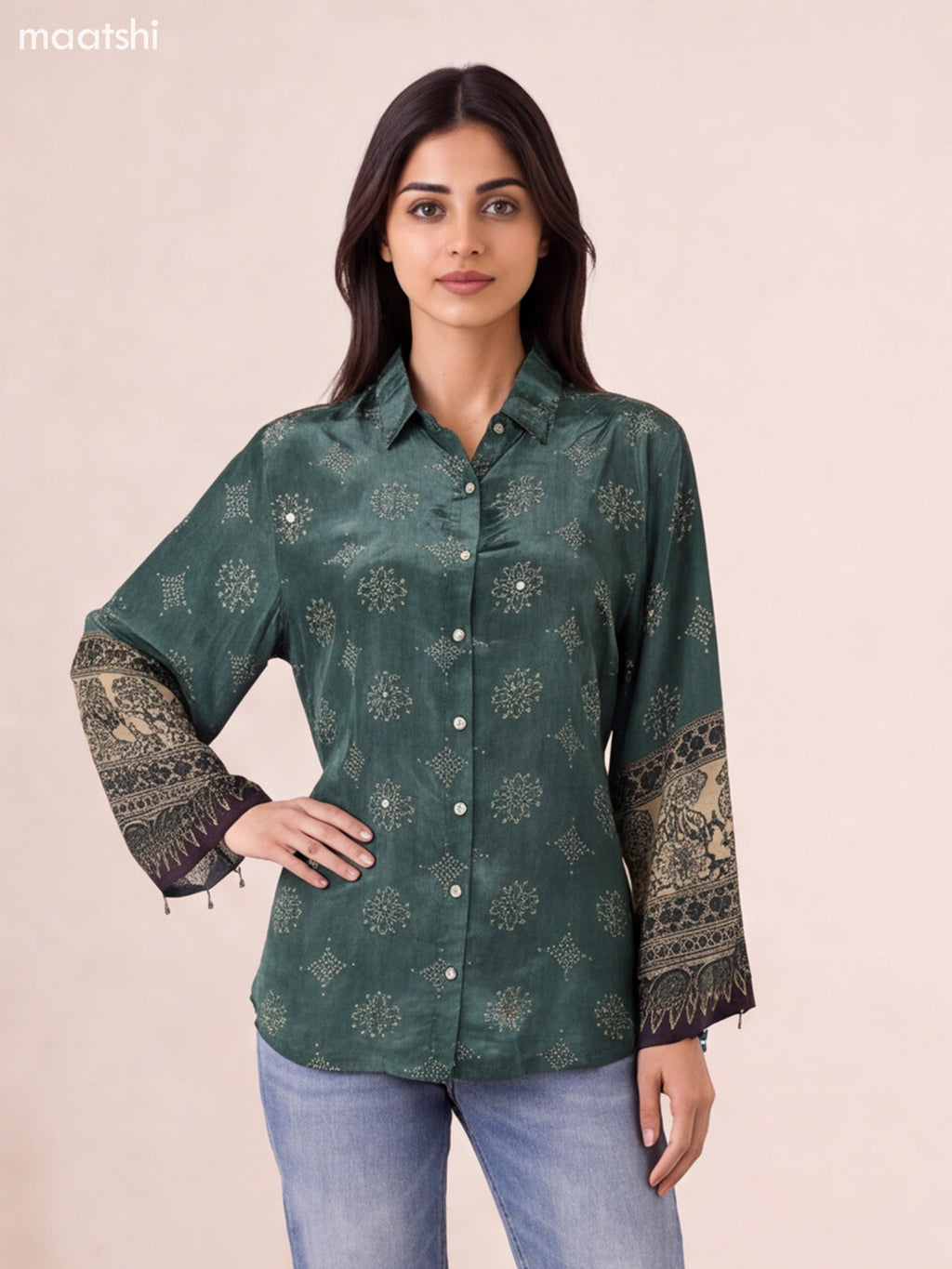 Green and Biege Crepe Silk Ajrakh Printed Womens Shirt