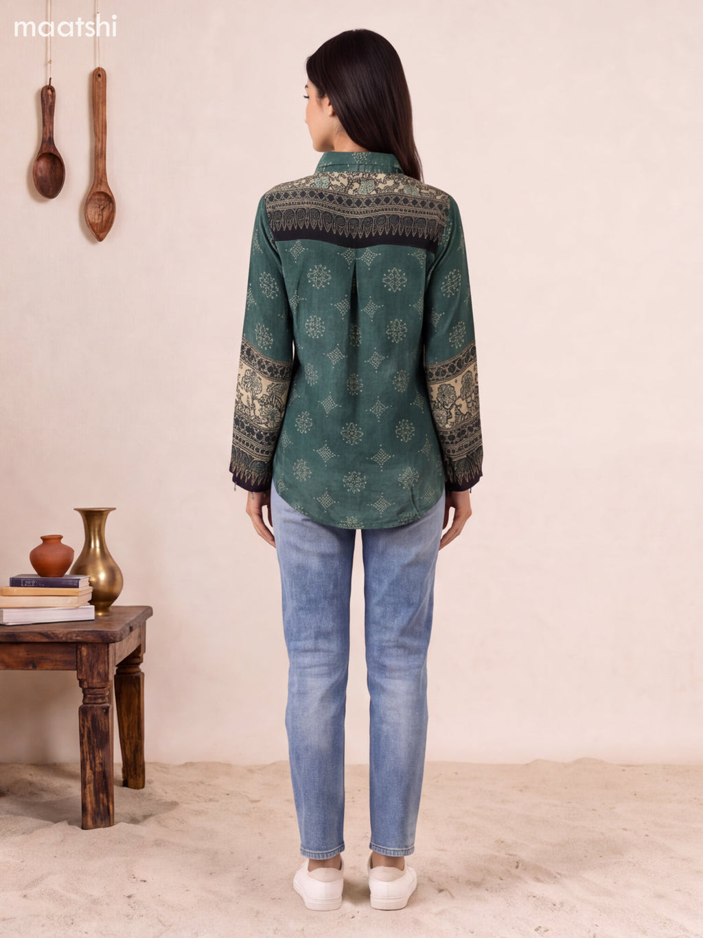 Green and Biege Crepe Silk Ajrakh Printed Womens Shirt