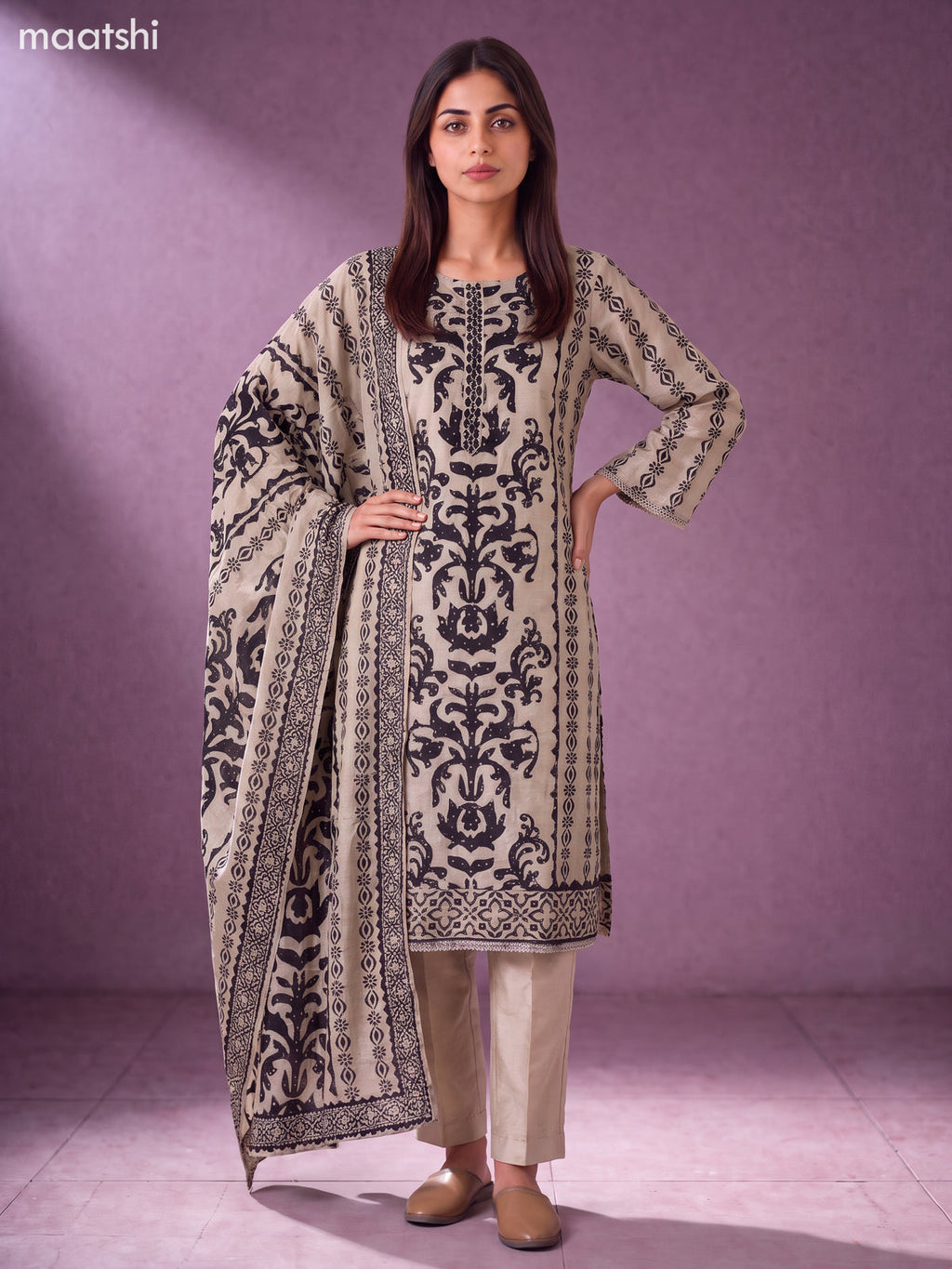 Beige and Black Muslin Embroidery Straight Suit