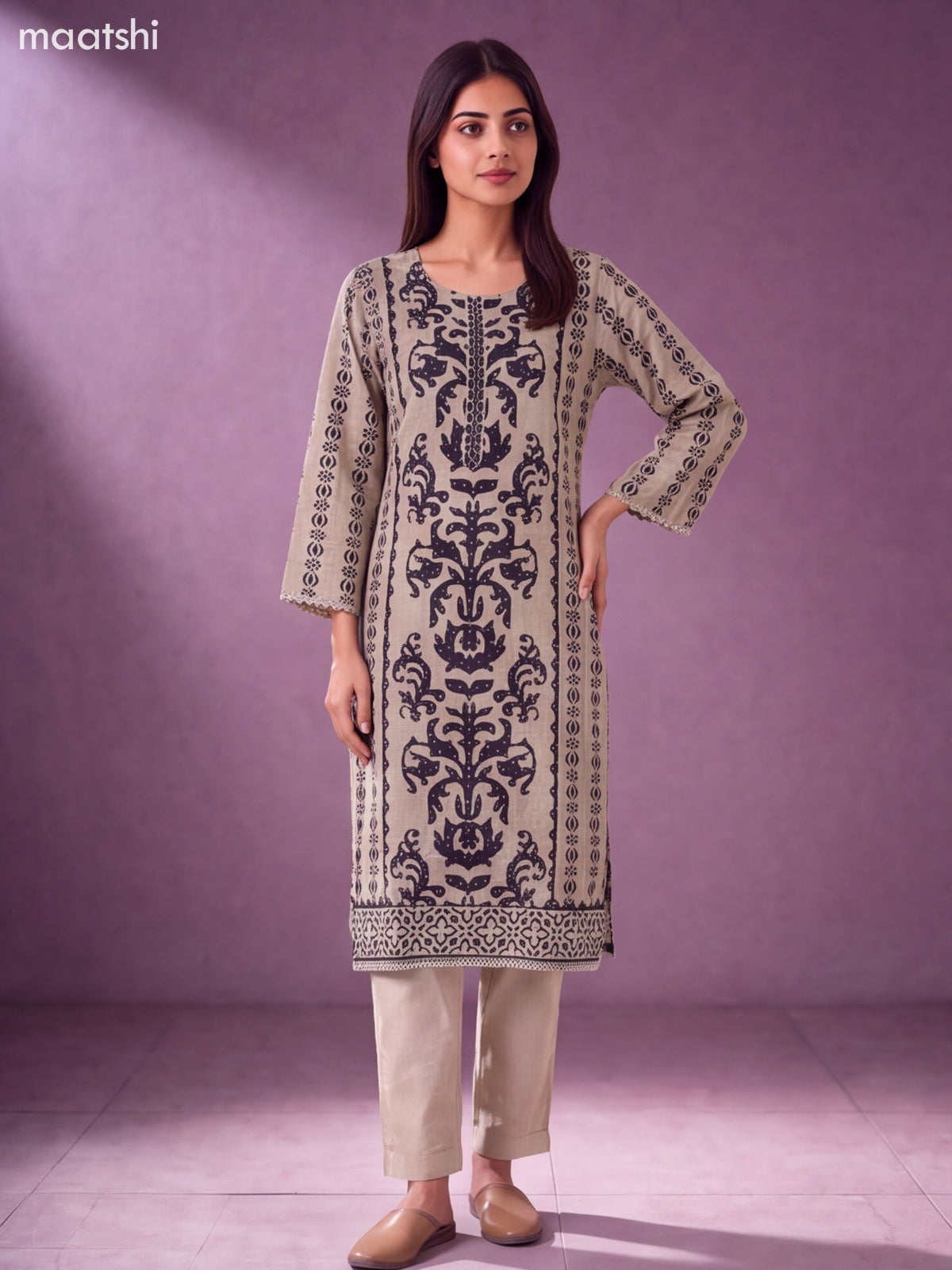 Beige and Black Muslin Embroidery Straight Suit