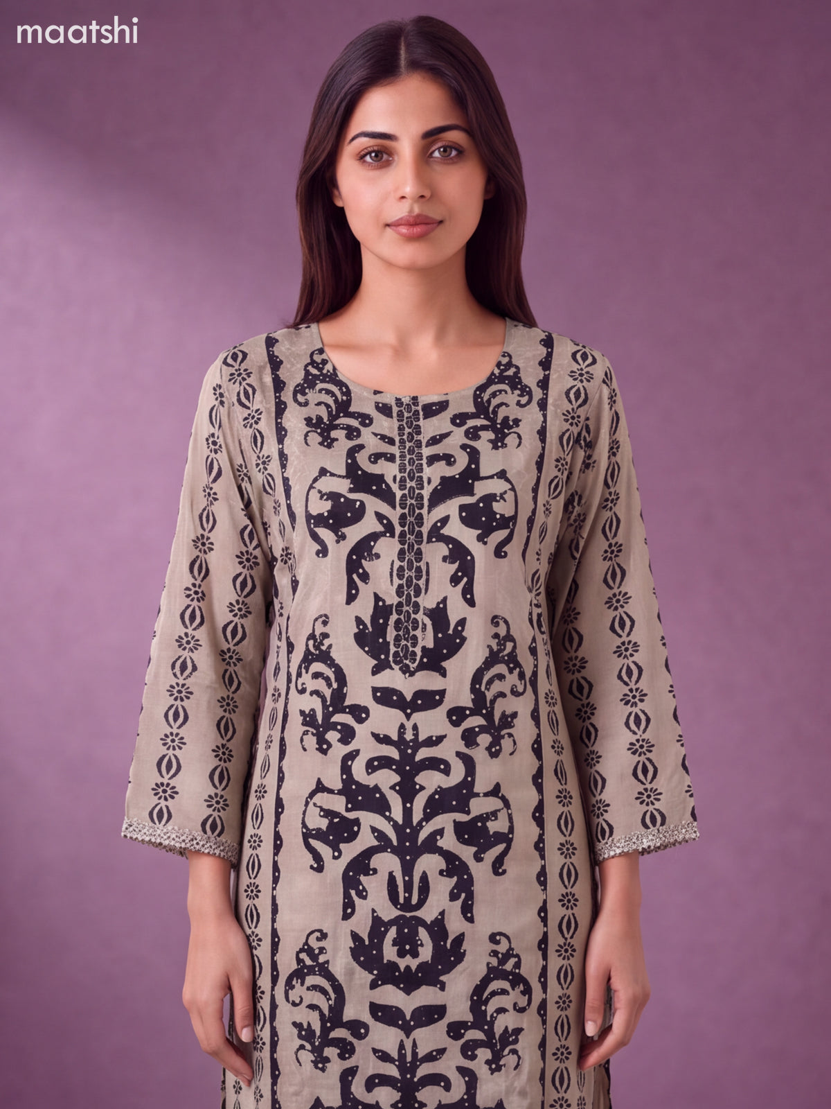 Beige and Black Muslin Embroidery Straight Suit