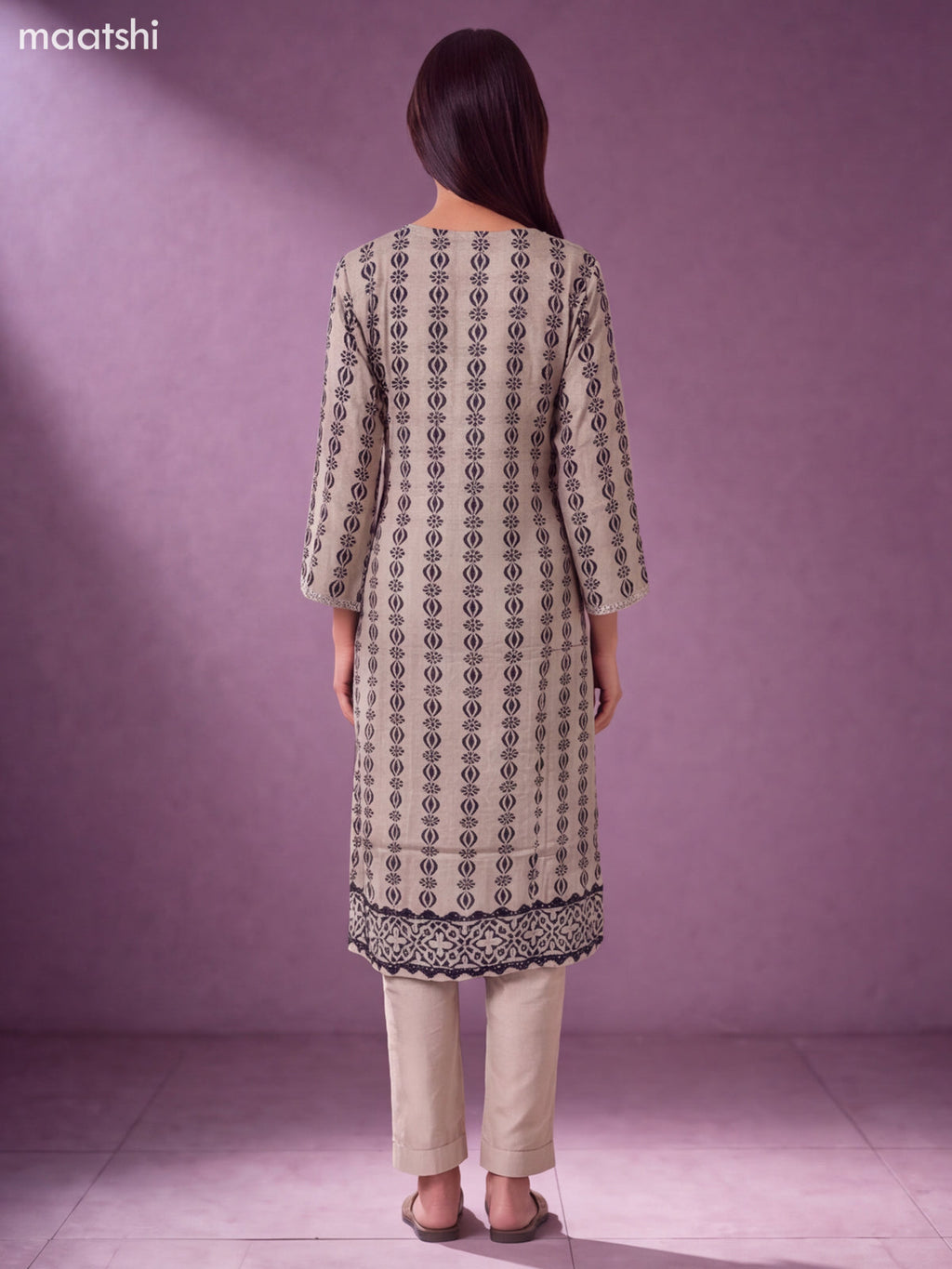 Beige and Black Muslin Embroidery Straight Suit