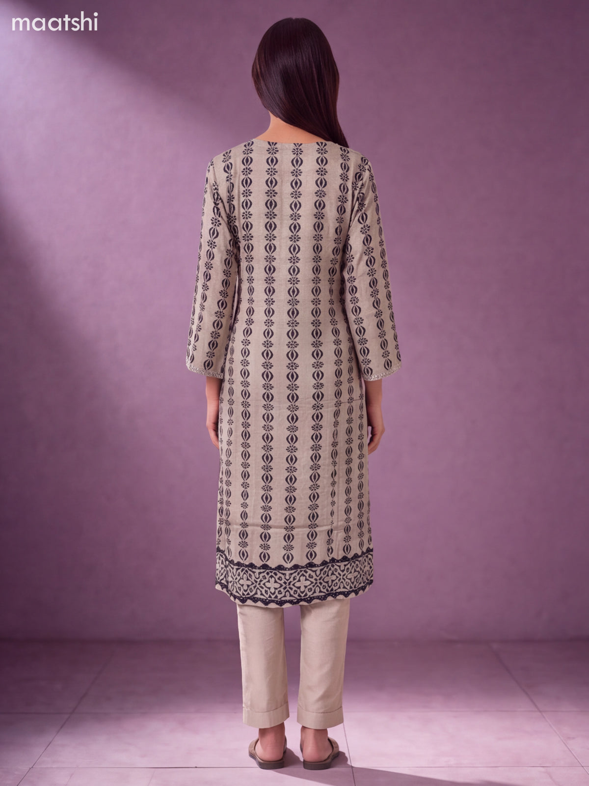 Beige and Black Muslin Embroidery Straight Suit