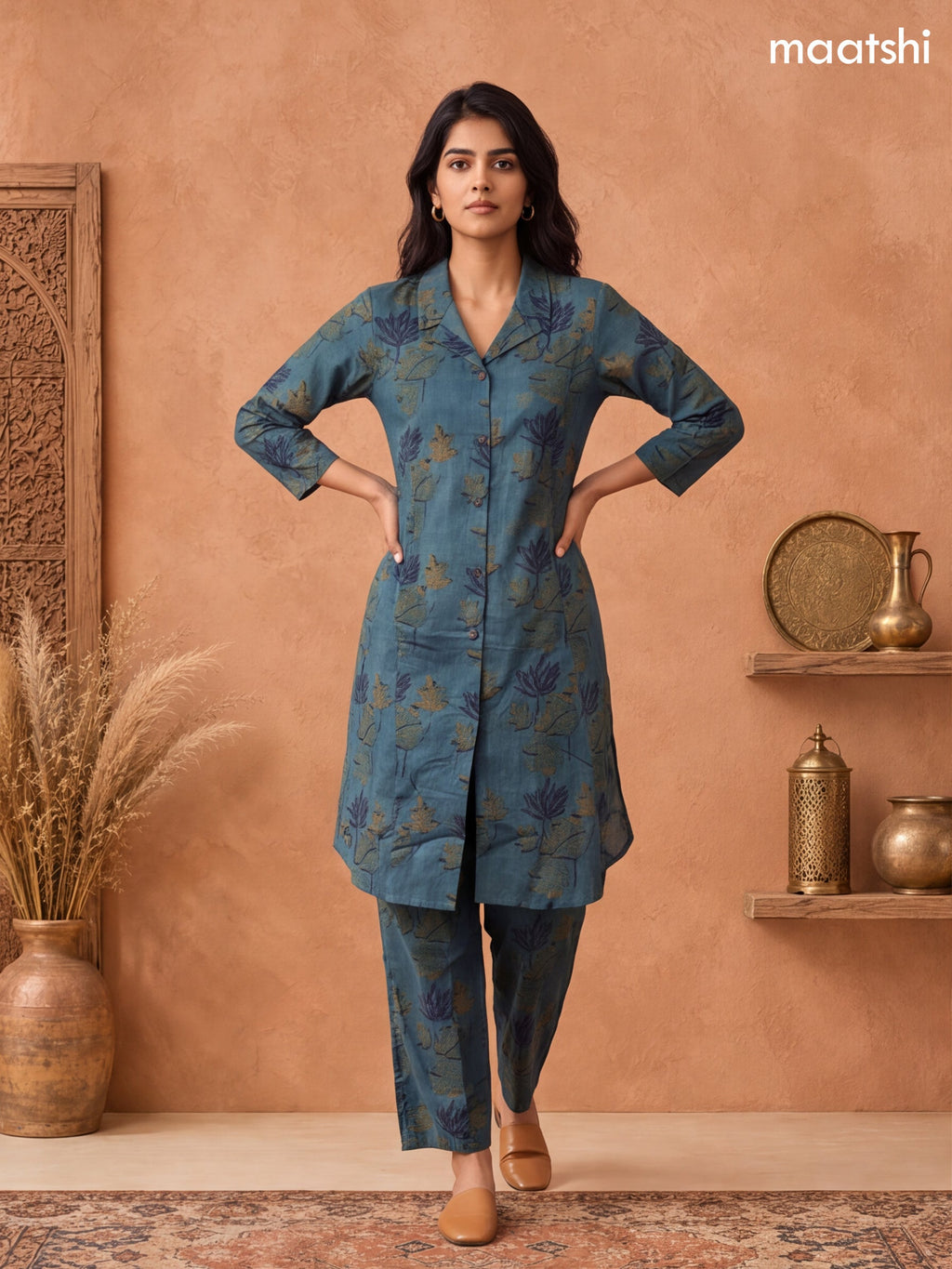 Green Cotton Printed Long Co-Ord Set