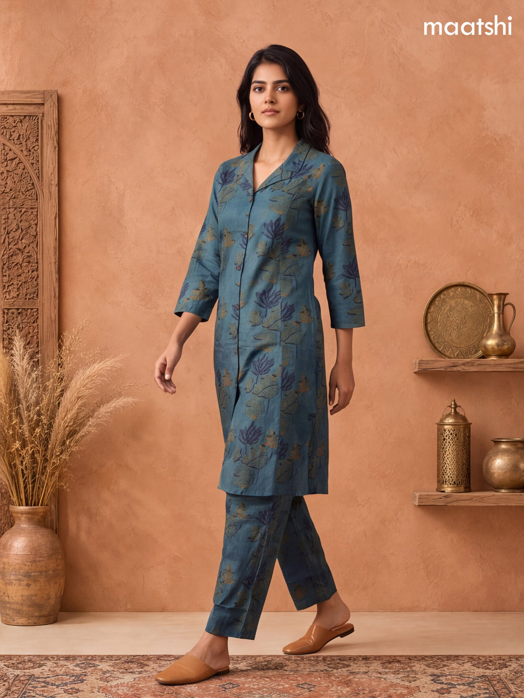 Green Cotton Printed Long Co-Ord Set