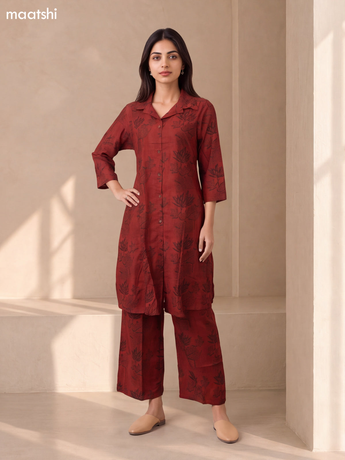 Maroon Cotton Printed Long Co-Ord Set