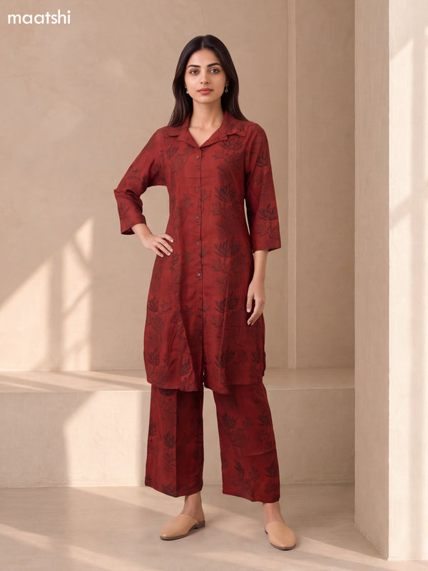 Maroon Cotton Printed Long Co-Ord Set