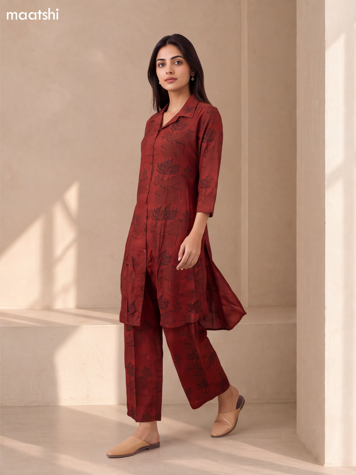 Maroon Cotton Printed Long Co-Ord Set