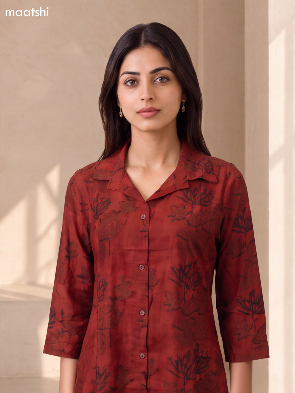 Maroon Cotton Printed Long Co-Ord Set