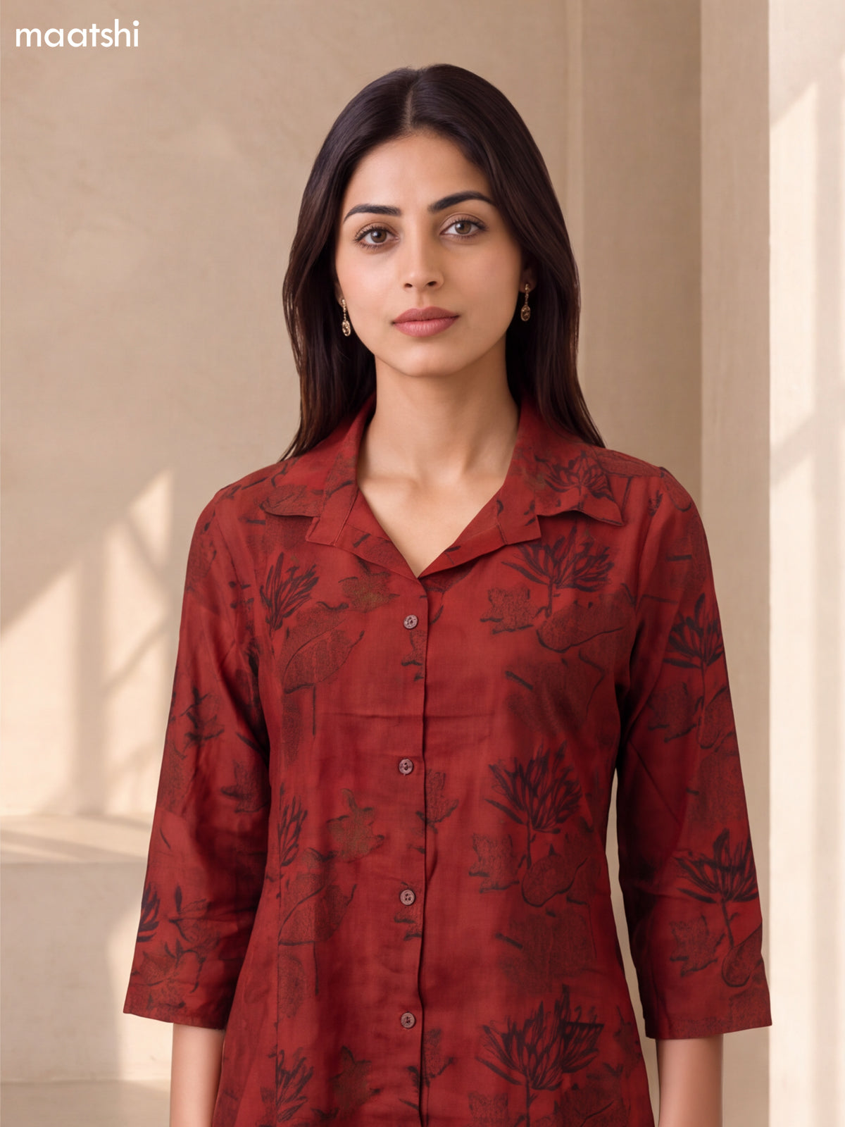 Maroon Cotton Printed Long Co-Ord Set