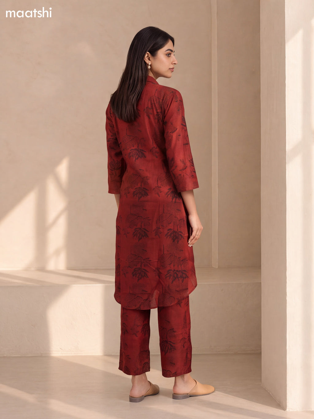 Maroon Cotton Printed Long Co-Ord Set
