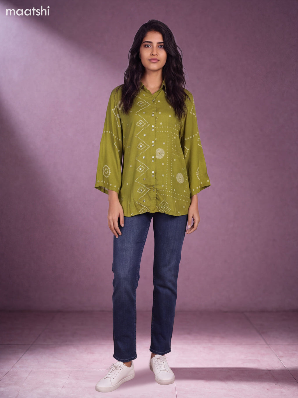 Olive Green and Off White Muslin Ajrakh Printed Women Shirt