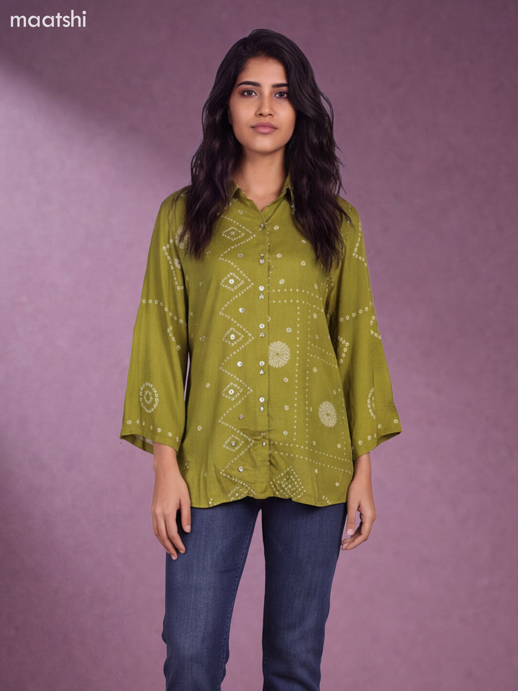 Olive Green and Off White Muslin Ajrakh Printed Women Shirt