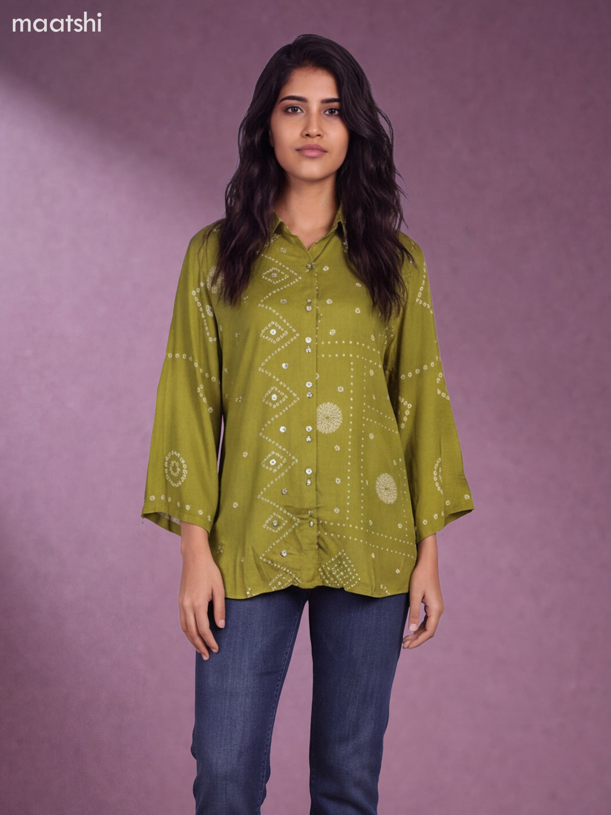 Olive Green and Off White Muslin Ajrakh Printed Women Shirt