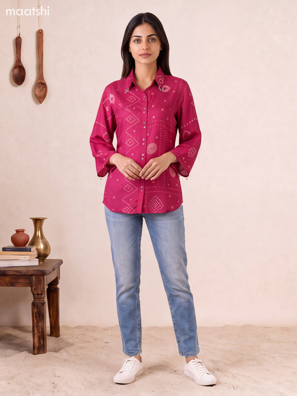 Dark Magenta Pink and Peach Muslin Ajrakh Printed Women Shirt