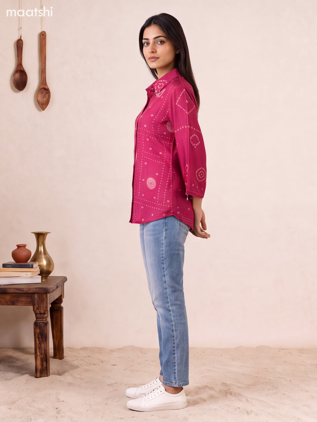 Dark Magenta Pink and Peach Muslin Ajrakh Printed Women Shirt