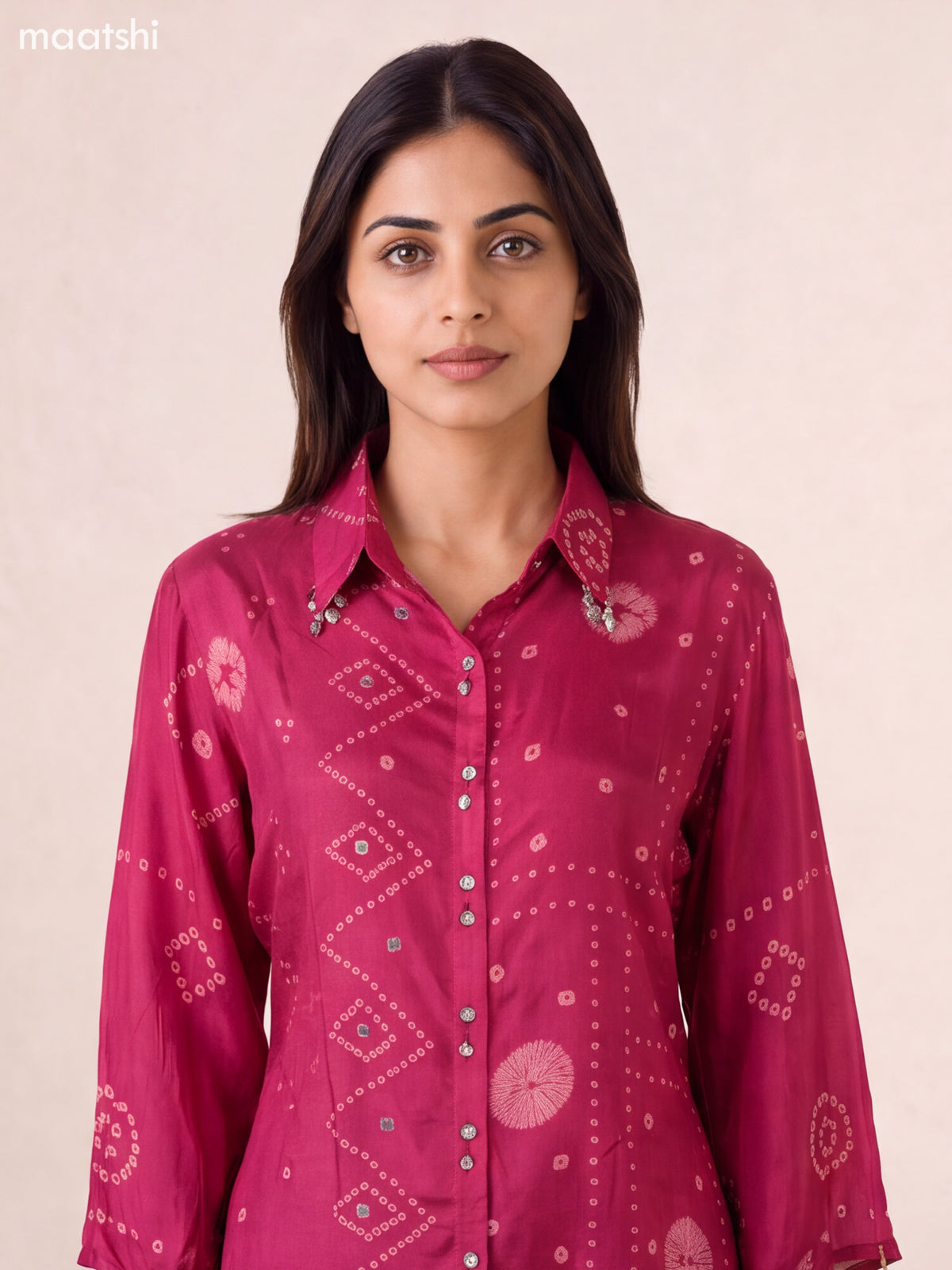 Dark Magenta Pink and Peach Muslin Ajrakh Printed Women Shirt