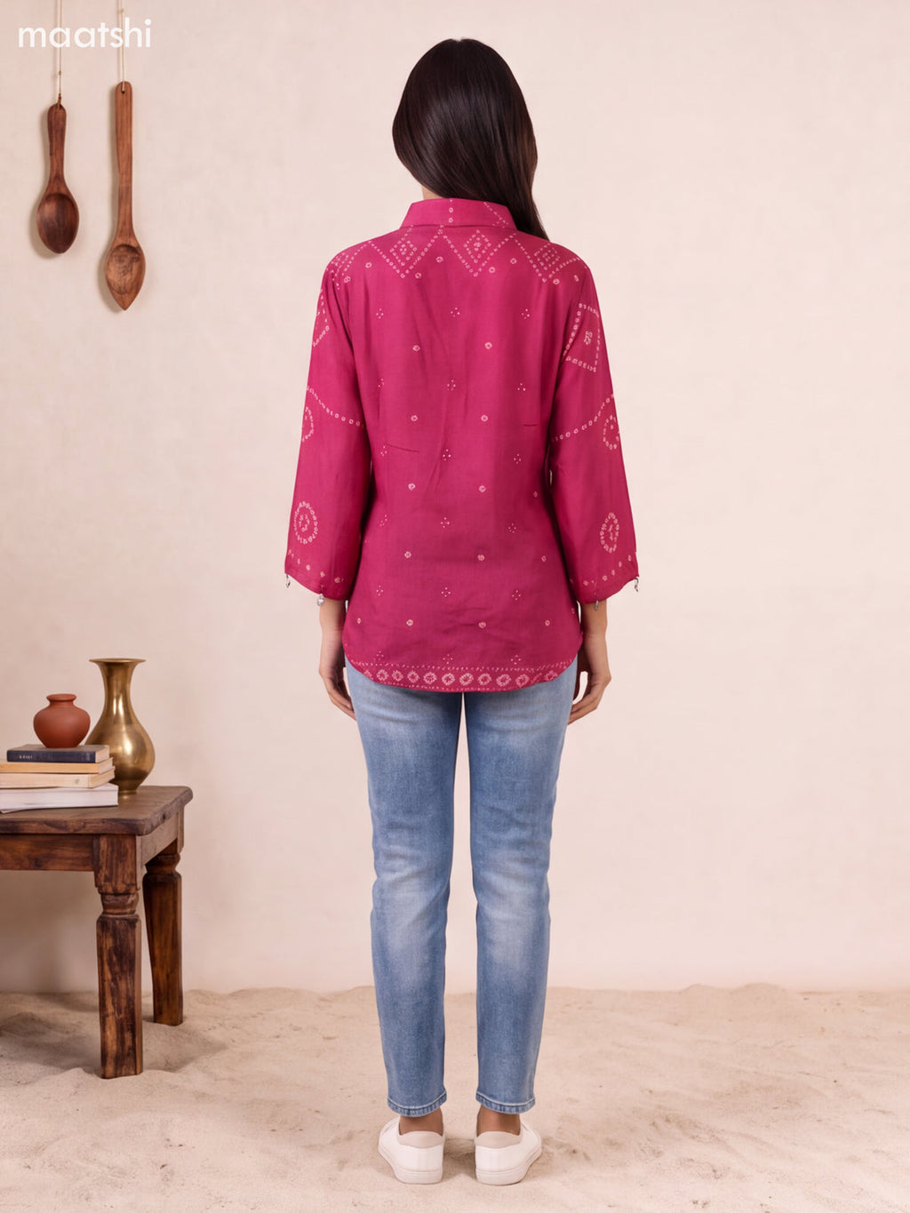 Dark Magenta Pink and Peach Muslin Ajrakh Printed Women Shirt