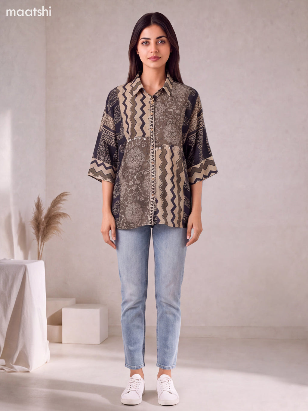 Biege and Sap Green Mul Chanderi Printed Women Shirt