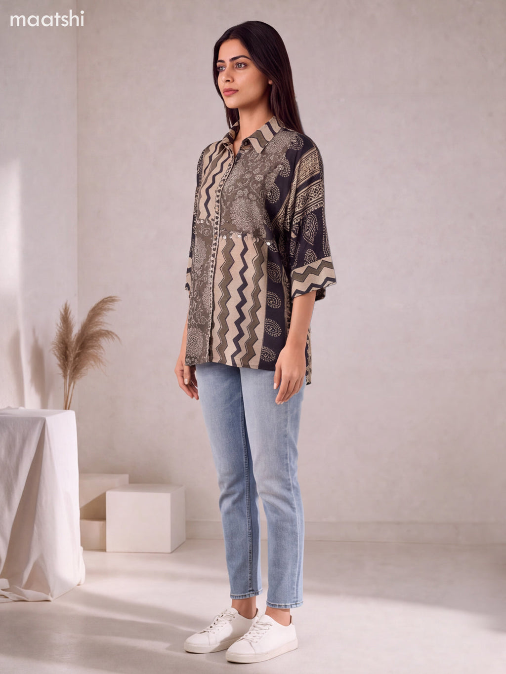 Biege and Sap Green Mul Chanderi Printed Women Shirt