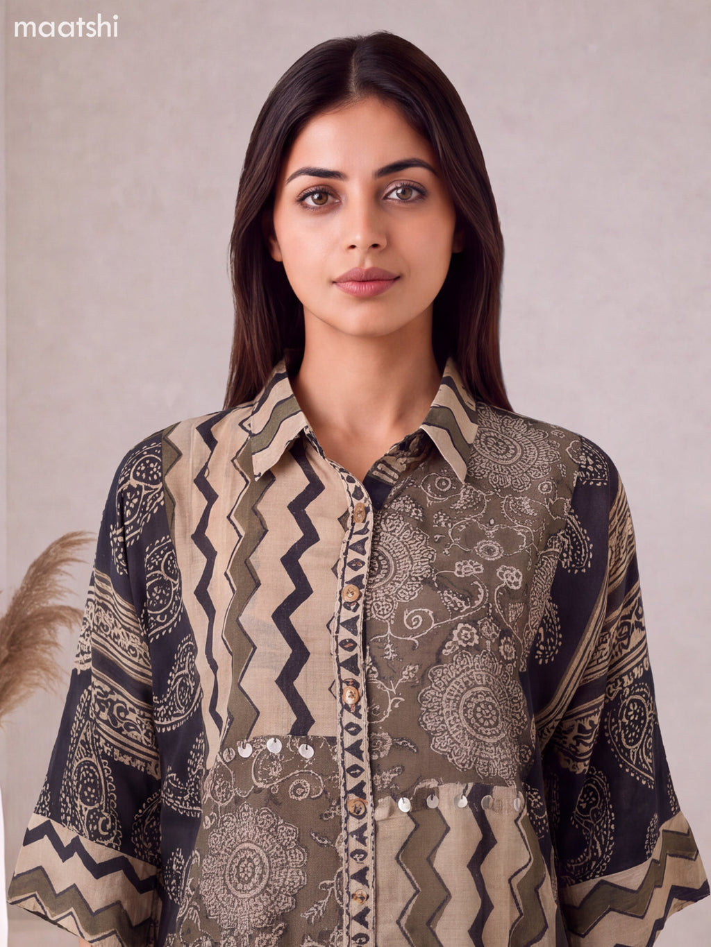 Biege and Sap Green Mul Chanderi Printed Women Shirt