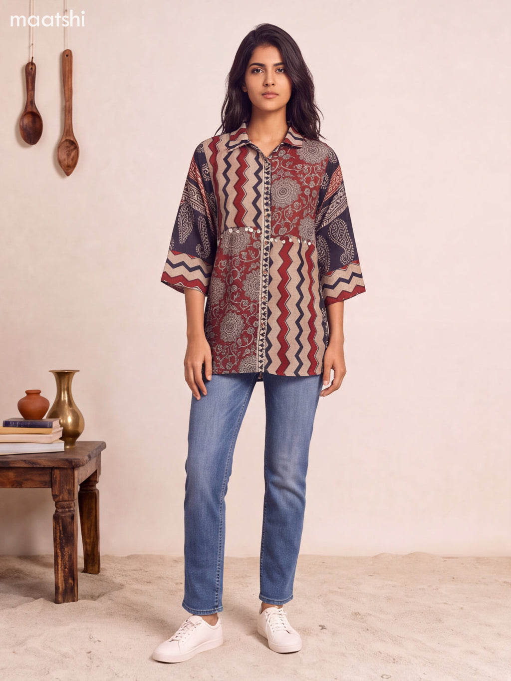 Biege and Maroon Mul Chanderi Printed Women Shirt