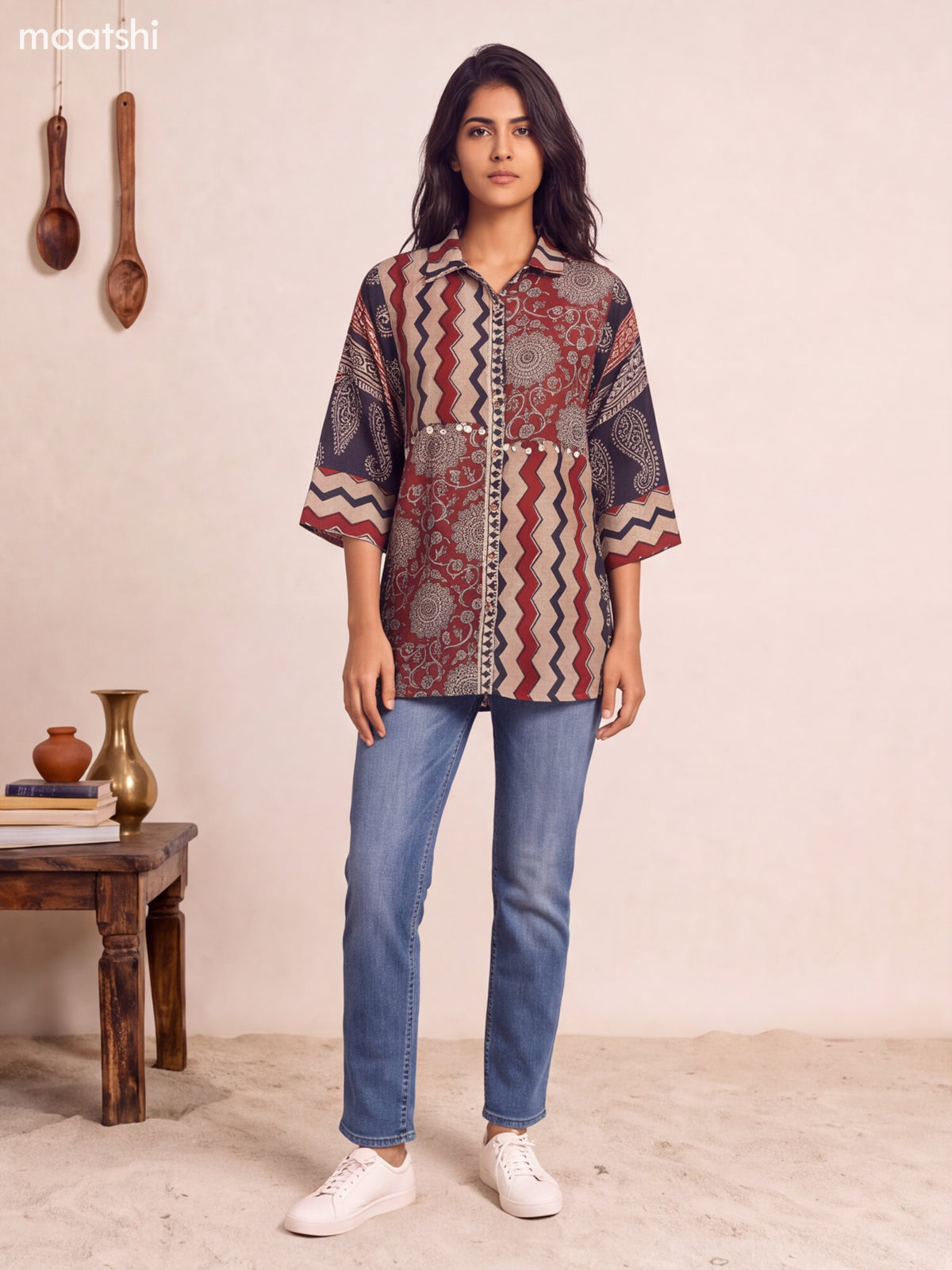 Biege and Maroon Mul Chanderi Printed Women Shirt
