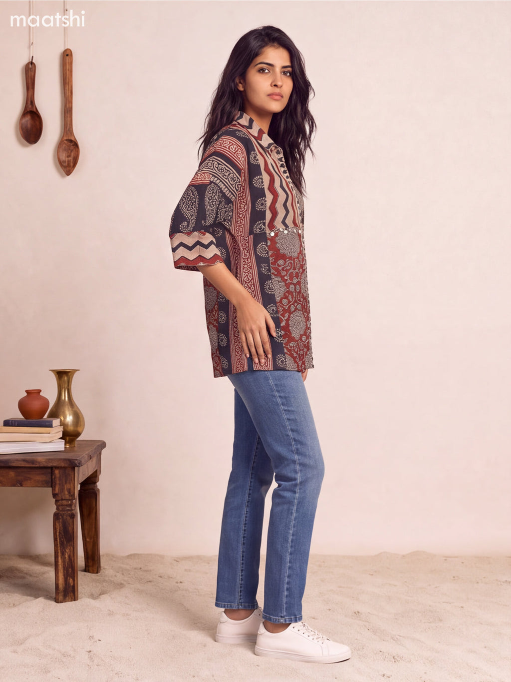 Biege and Maroon Mul Chanderi Printed Women Shirt