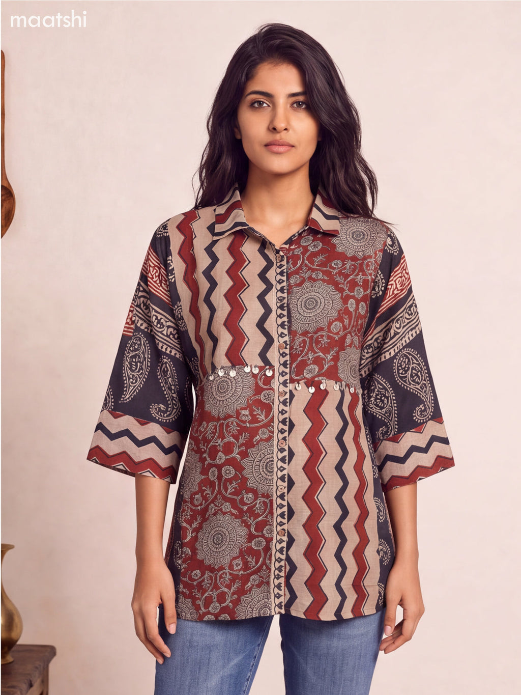 Biege and Maroon Mul Chanderi Printed Women Shirt