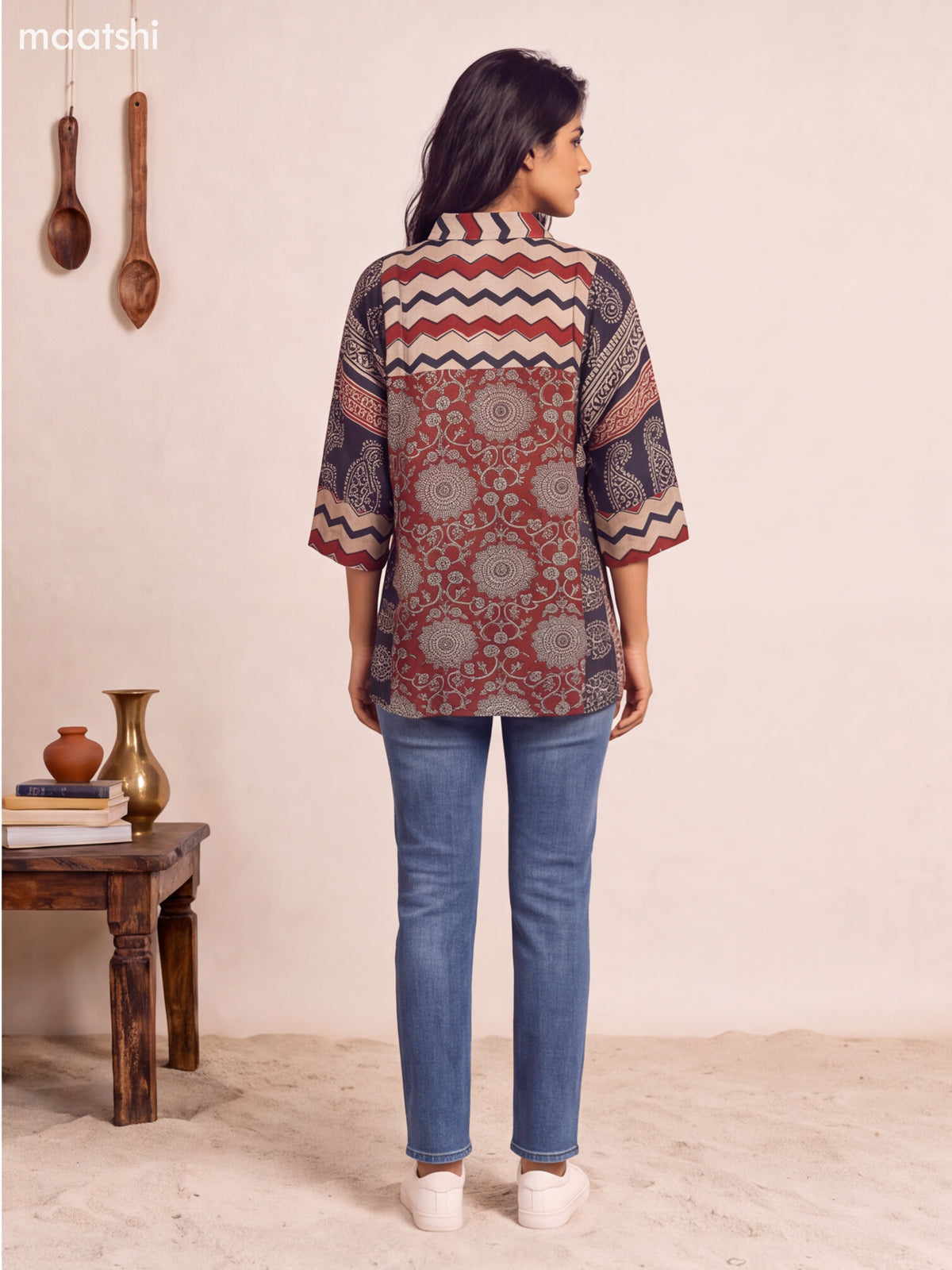 Biege and Maroon Mul Chanderi Printed Women Shirt