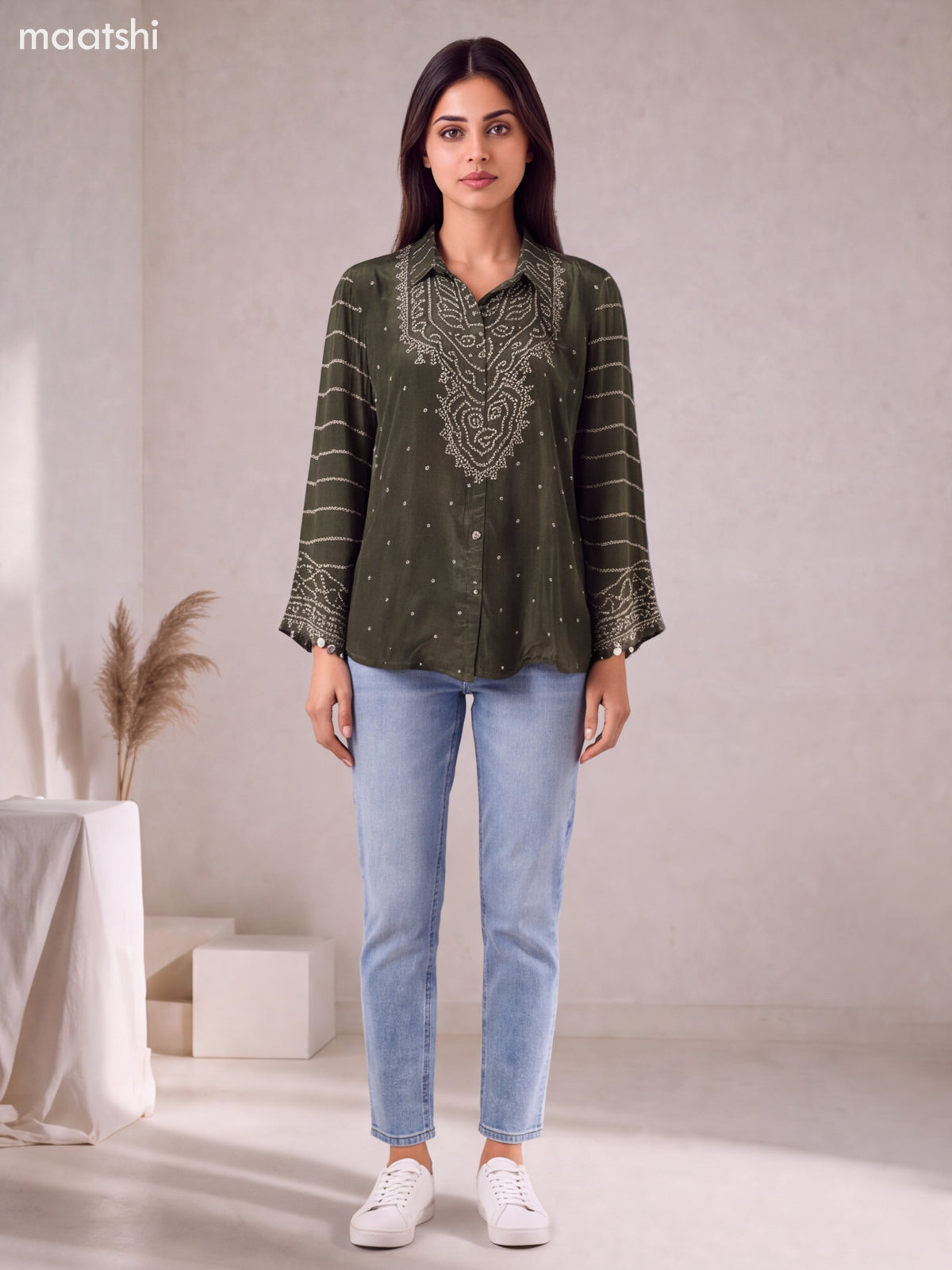 Sap Green and Off White Crepe Silk Ajrakh Printed Women Shirt