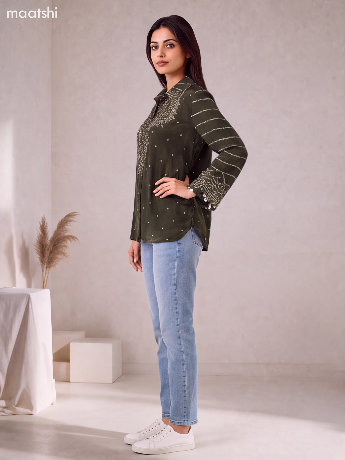 Sap Green and Off White Crepe Silk Ajrakh Printed Women Shirt