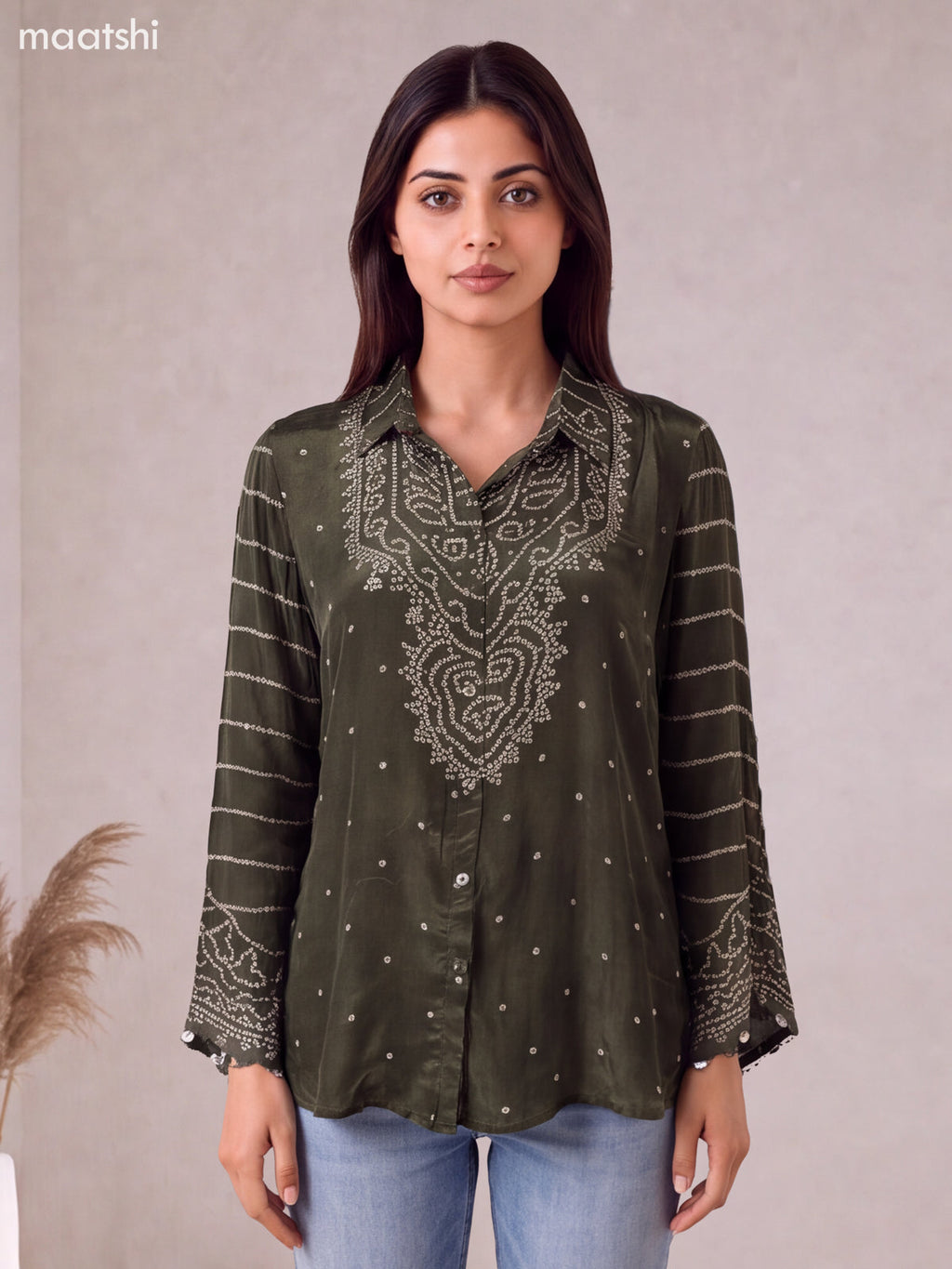 Sap Green and Off White Crepe Silk Ajrakh Printed Women Shirt