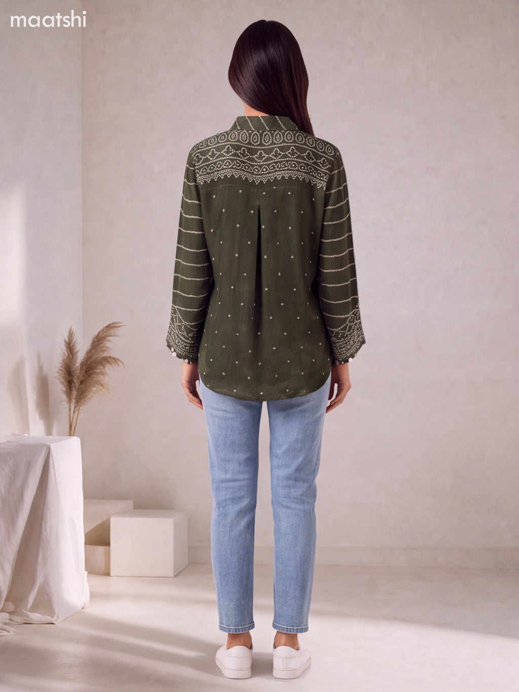 Sap Green and Off White Crepe Silk Ajrakh Printed Women Shirt