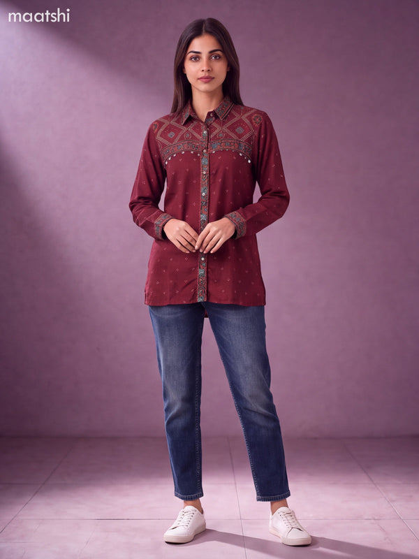 Maroon Muslin Printed Women Shirt