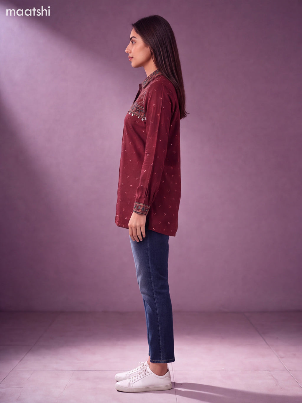 Maroon Muslin Printed Women Shirt