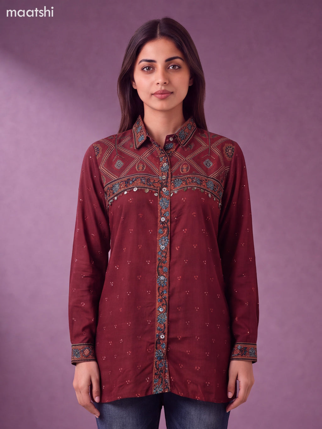 Maroon Muslin Printed Women Shirt