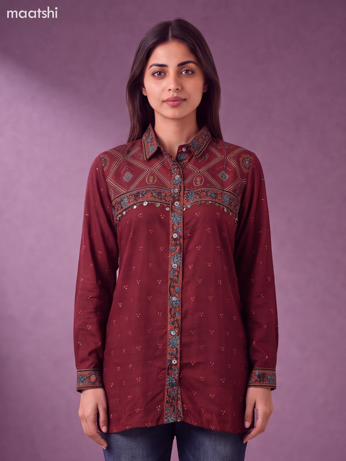Maroon Muslin Printed Women Shirt