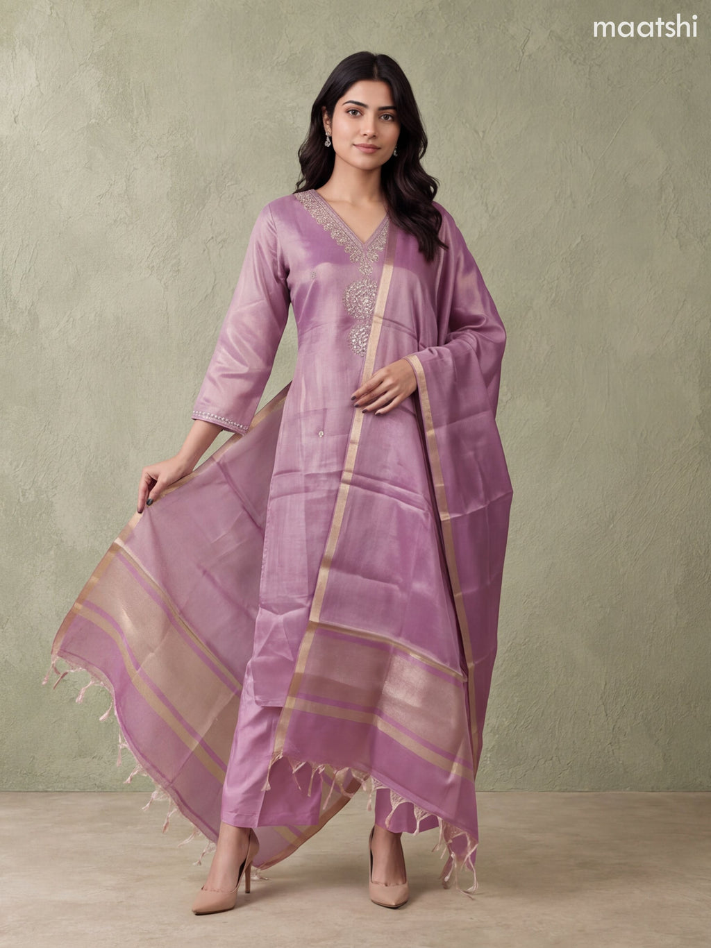 Lavender Tissue Heavy Embroidery Work Straight Suit