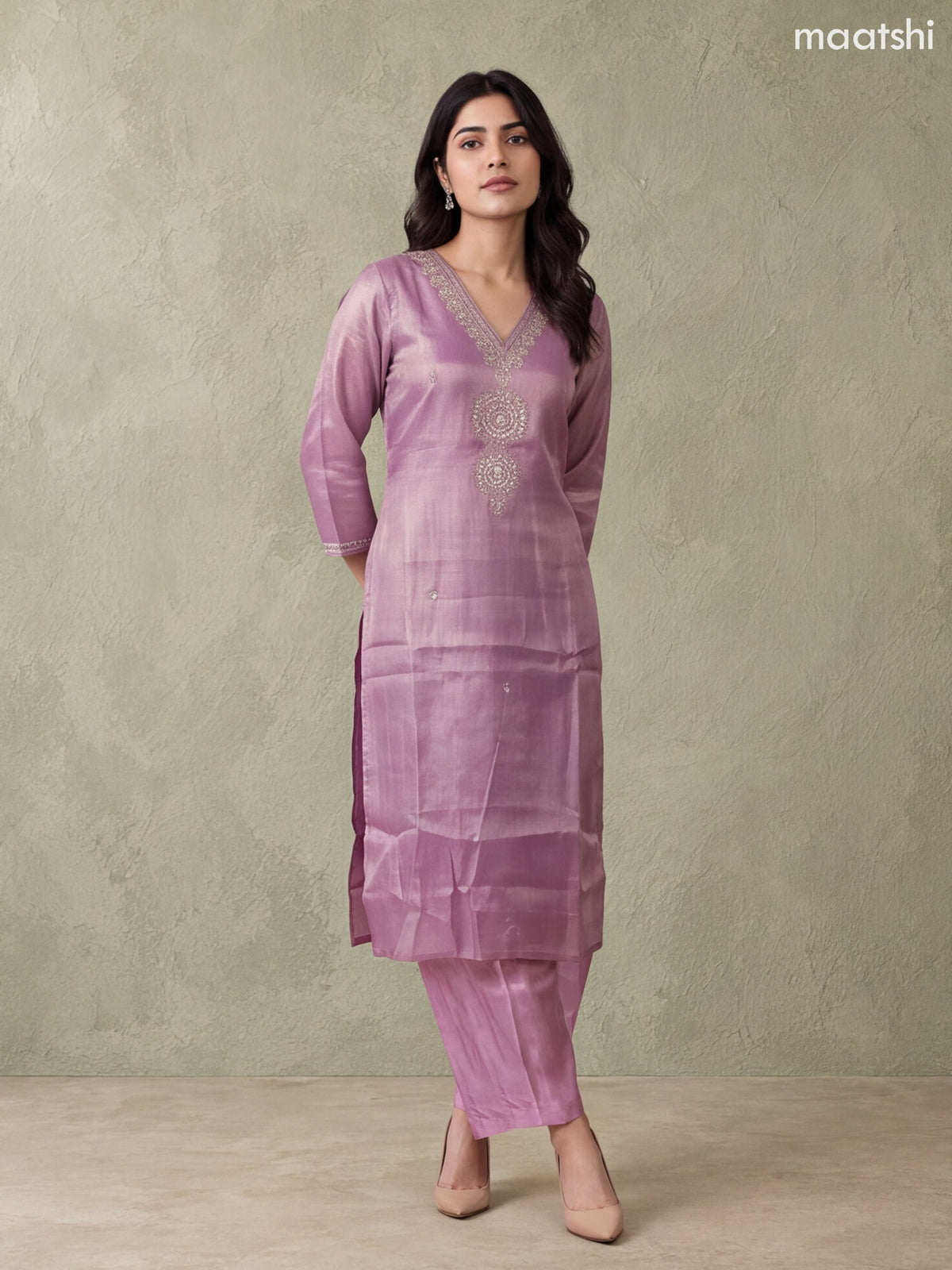 Lavender Tissue Heavy Embroidery Work Straight Suit