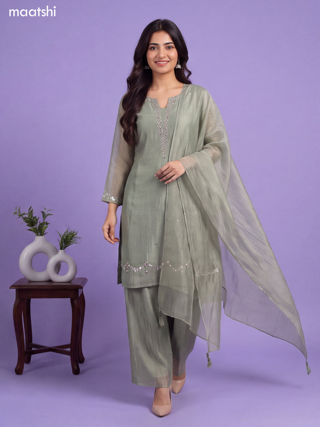 Mehendi Green Tissue Elegant Embroidery Work Straight Suit