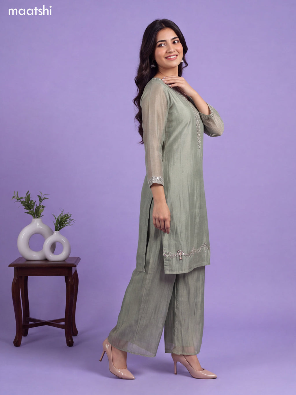 Mehendi Green Tissue Elegant Embroidery Work Straight Suit