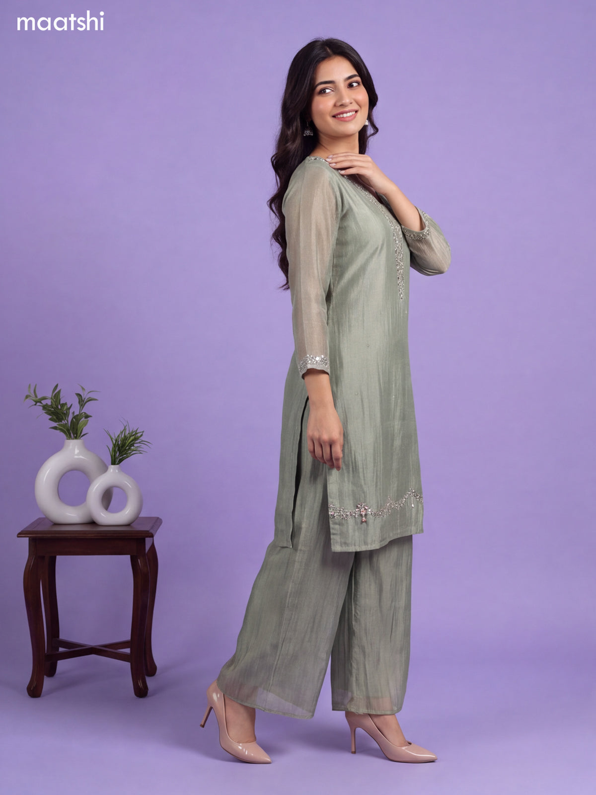Mehendi Green Tissue Elegant Embroidery Work Straight Suit