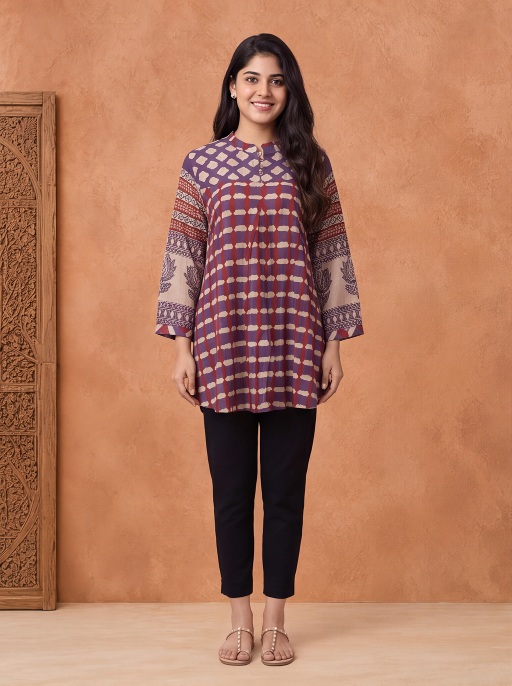 Purple and Biege Mul Chanderi Geometric Printed Women Shirt