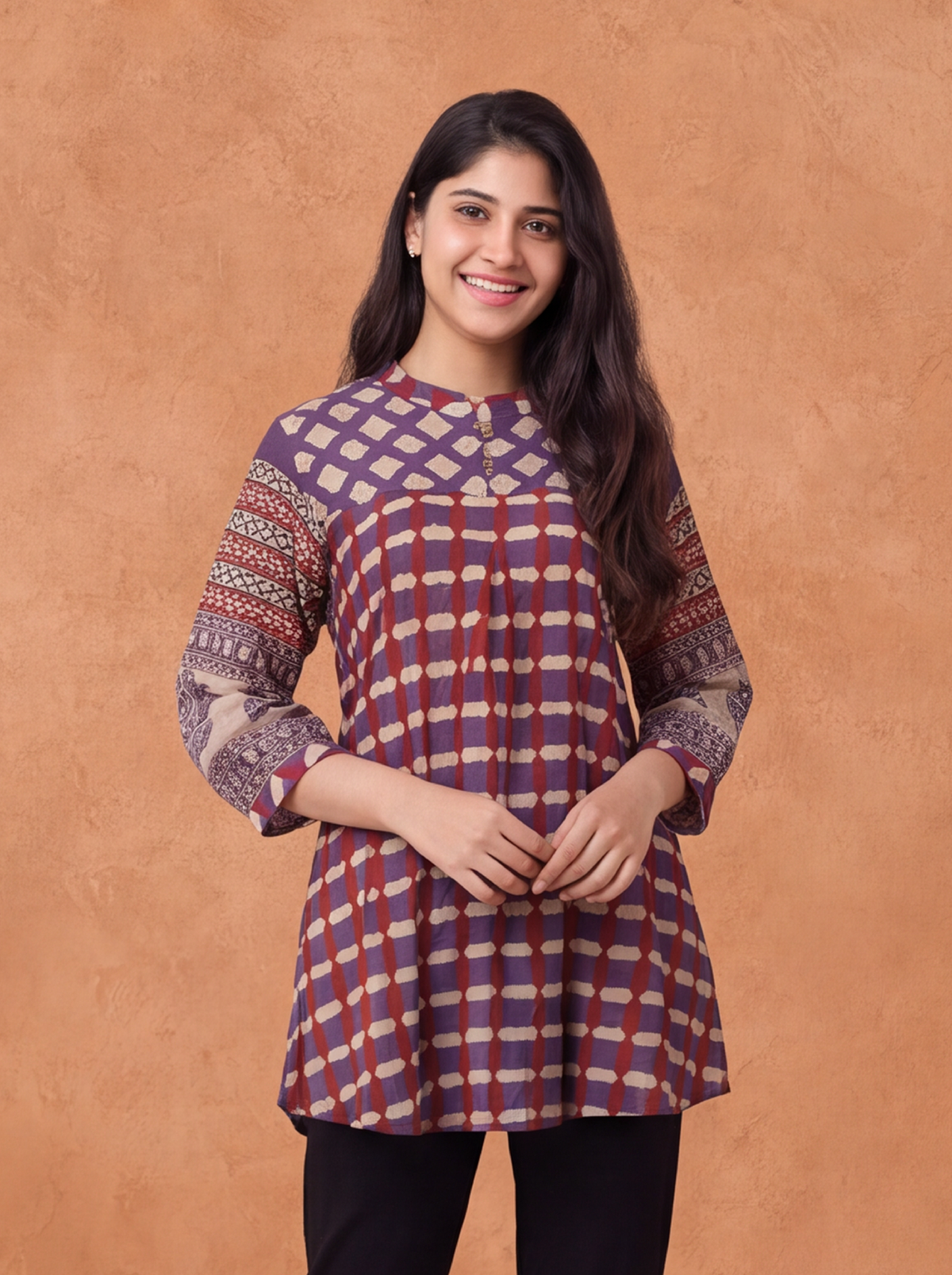 Purple and Biege Mul Chanderi Geometric Printed Women Shirt